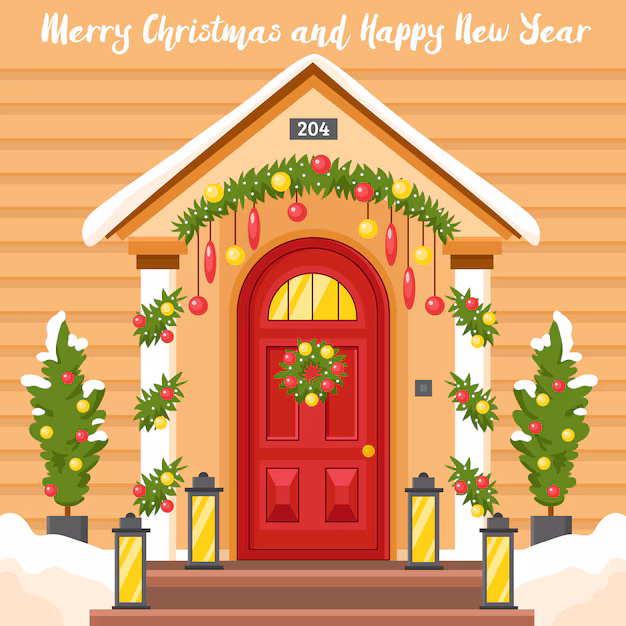 Get Your New Door for the Holidays! 2 New year card with house decorated for christmas Free Vector
